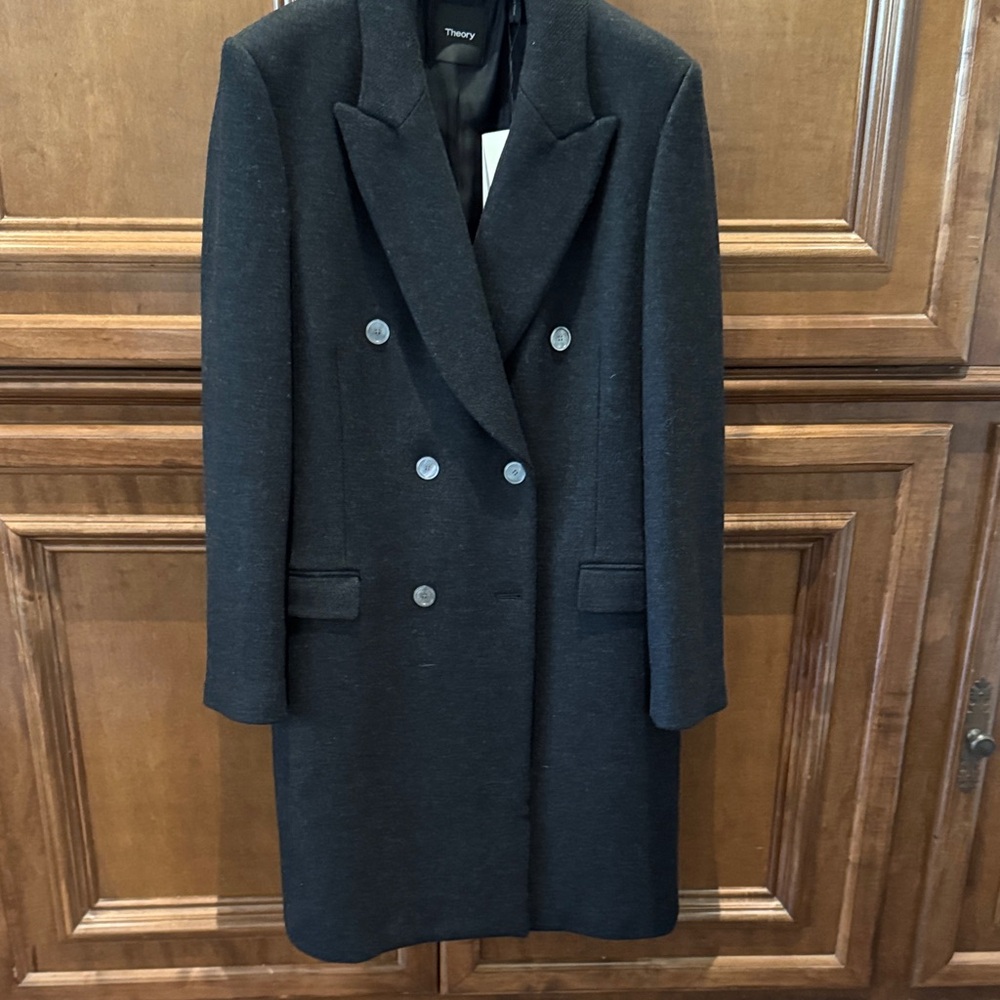 Theory Charcoal Double-Breasted Melange Heavy Wool Twill Coat